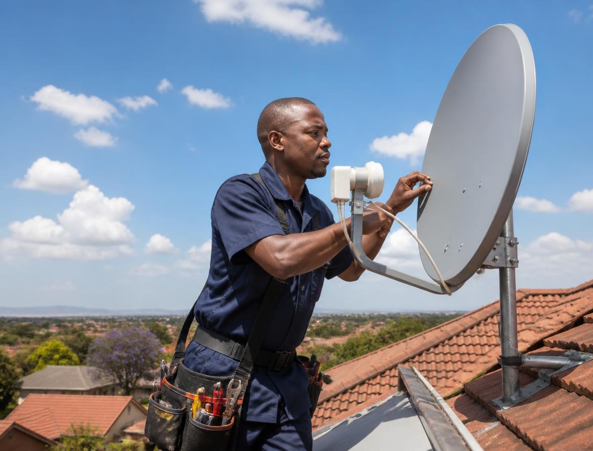 DStv technician installing and aligning a satellite dish on a rooftop in Pretoria